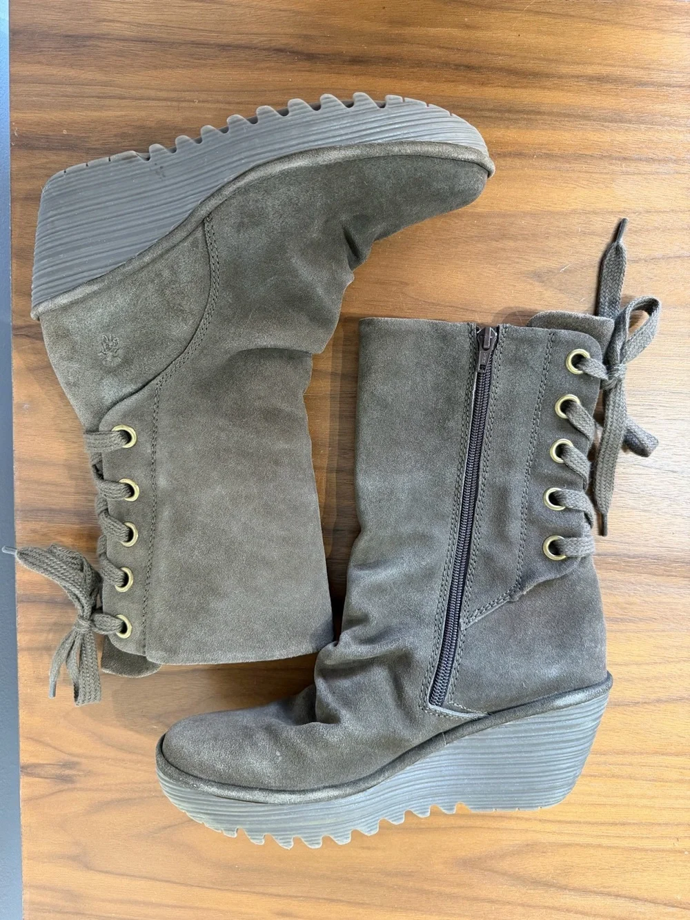 Fly London Yada Suede Wedge Mid-Calf Boot olive green Brown